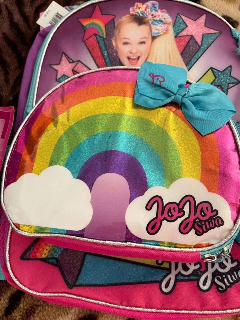 JoJo Siwa Pink Purple Turquoise Rainbow Kids Backpack with Bow Accent